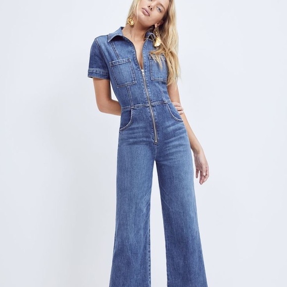 Reformation Georgia Jumpsuit Kasai Blue Denim Zipper Collar jeans overall 2 - Picture 1 of 9